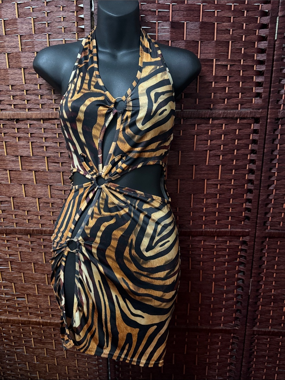 PrettyLittleThing | Black & Gold Zebra/ Tiger Cutout Halter Mini Dress | 6